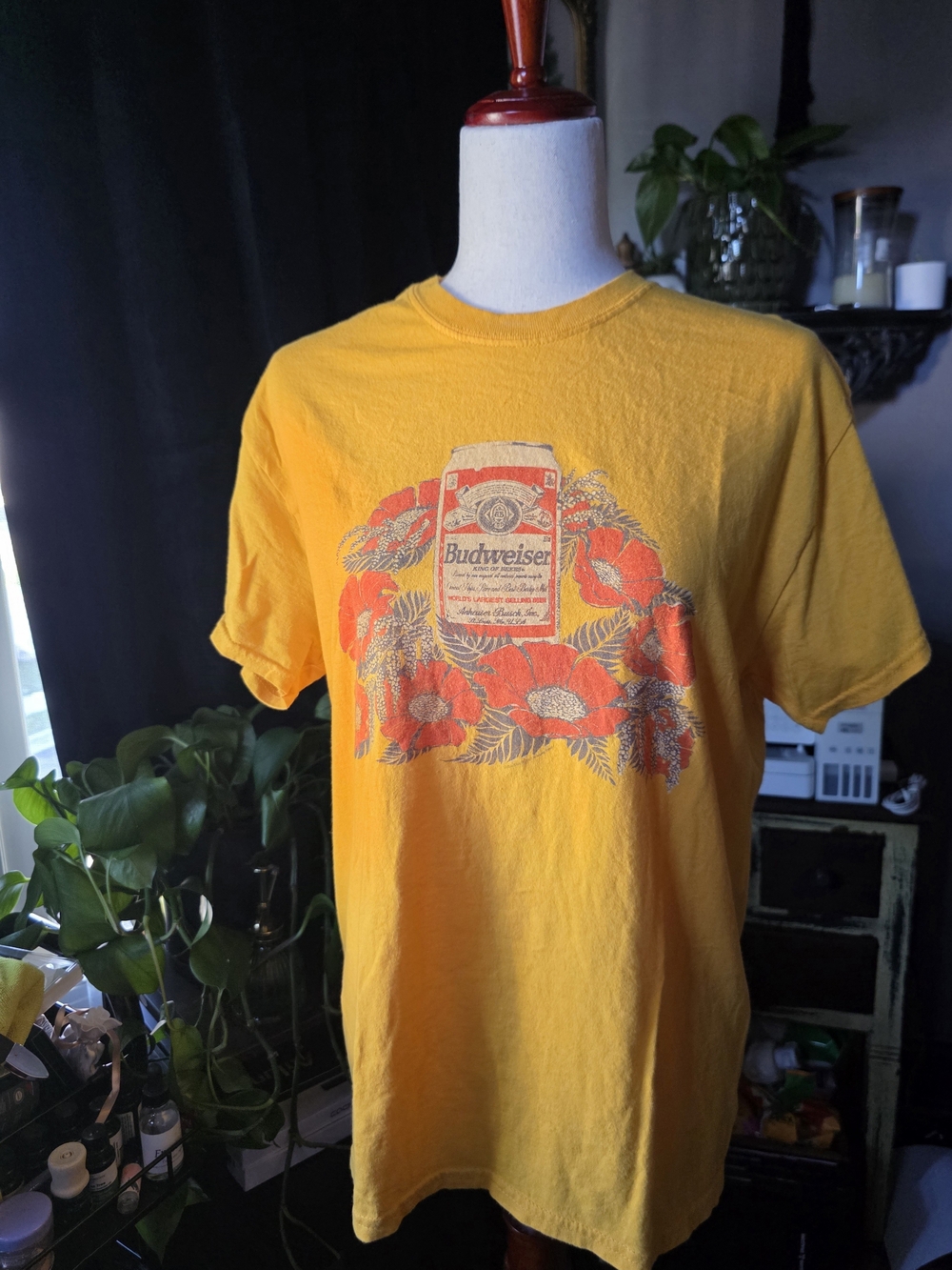 Budweiser Yellow Graphic Tee with Red Floral Print Size S
